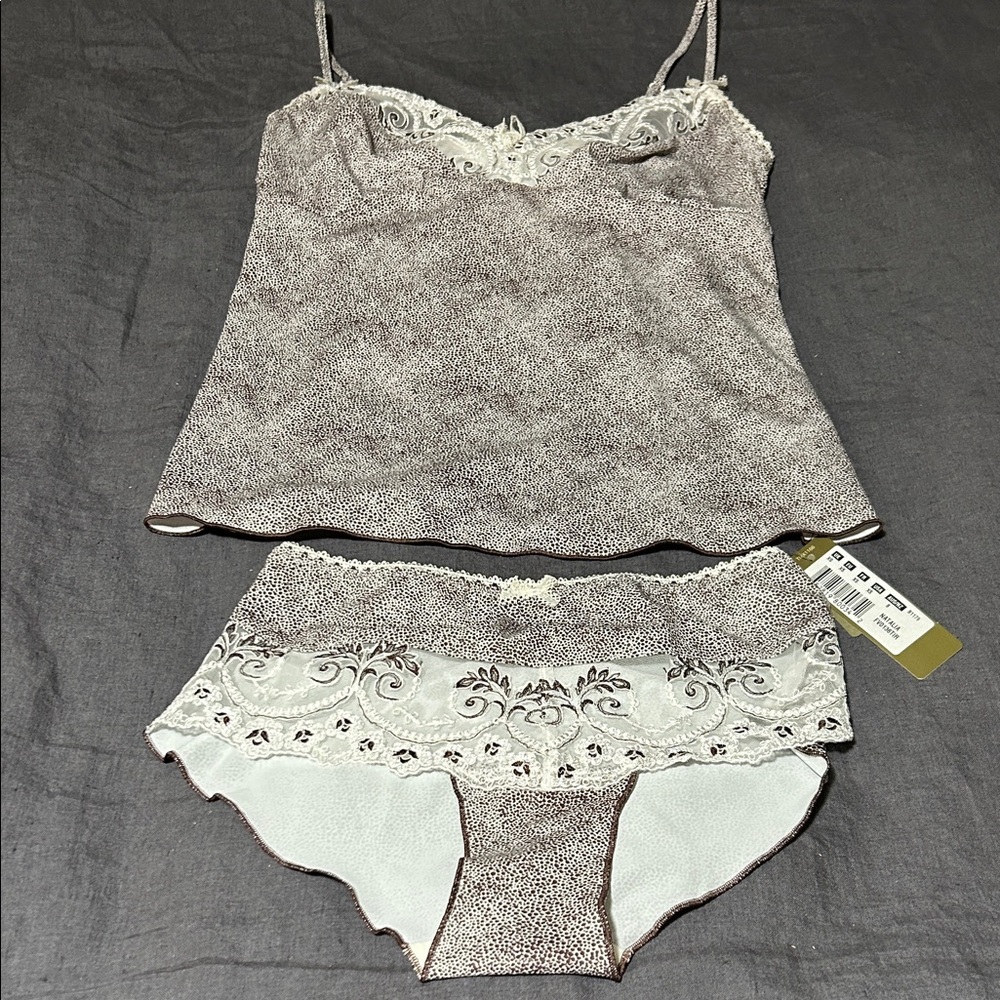 Lace Trim Camisole and Panty Set - Cream and Brown, Tan and black